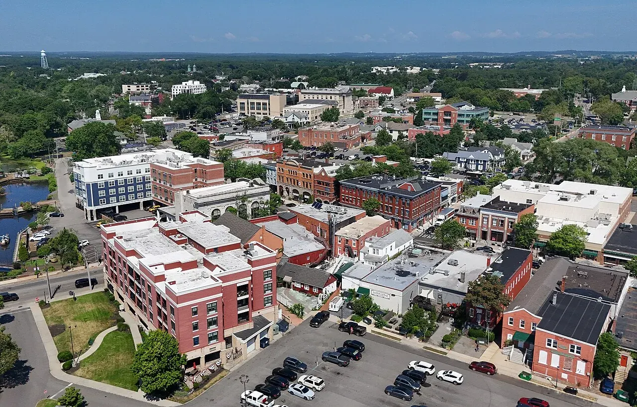 Aerial view of downtown Riverhead and the Peconic River
