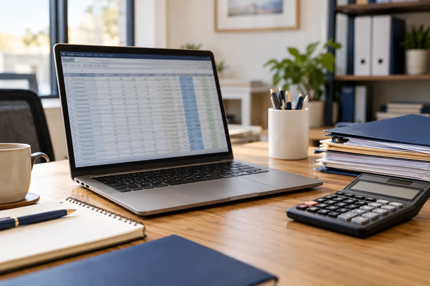 Accounting office desk with a spreadsheet, calculator and client files
