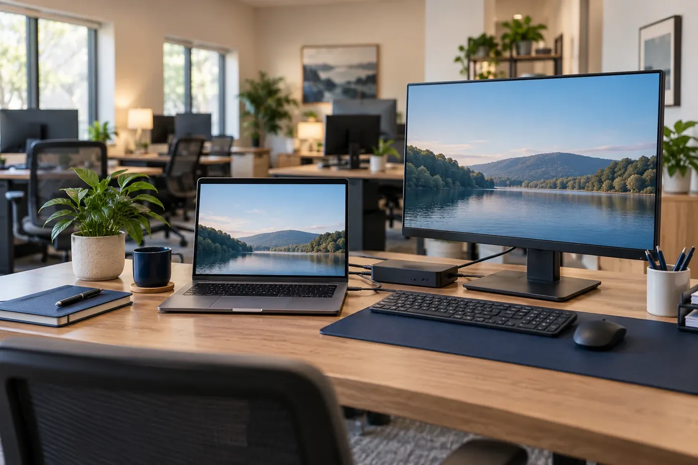 Office workstations with laptops and connected monitors