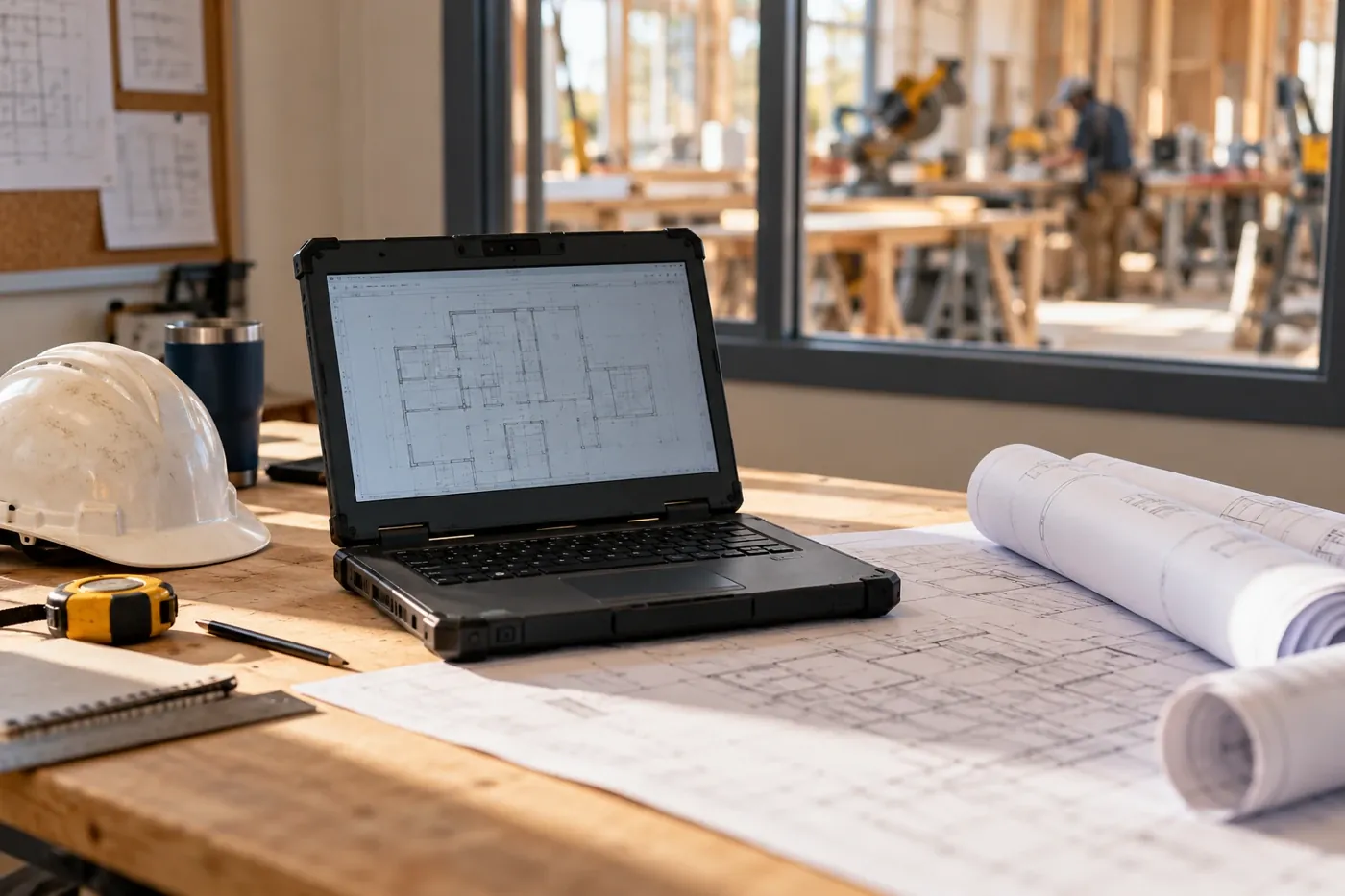 Construction office workstation beside drawings and plans