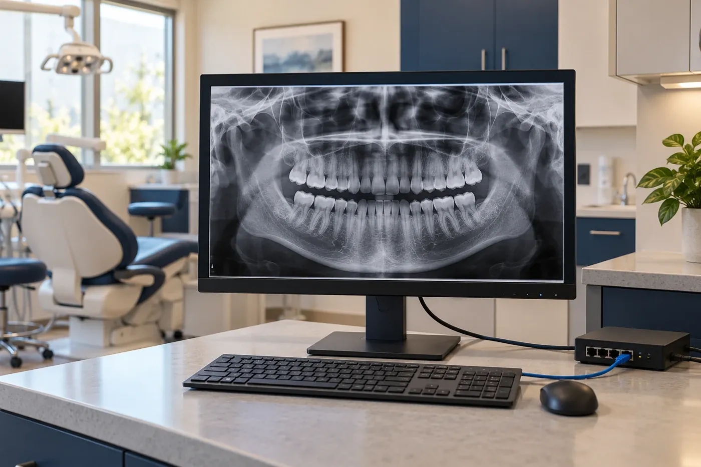Dental workstation displaying a panoramic dental image beside a treatment room
