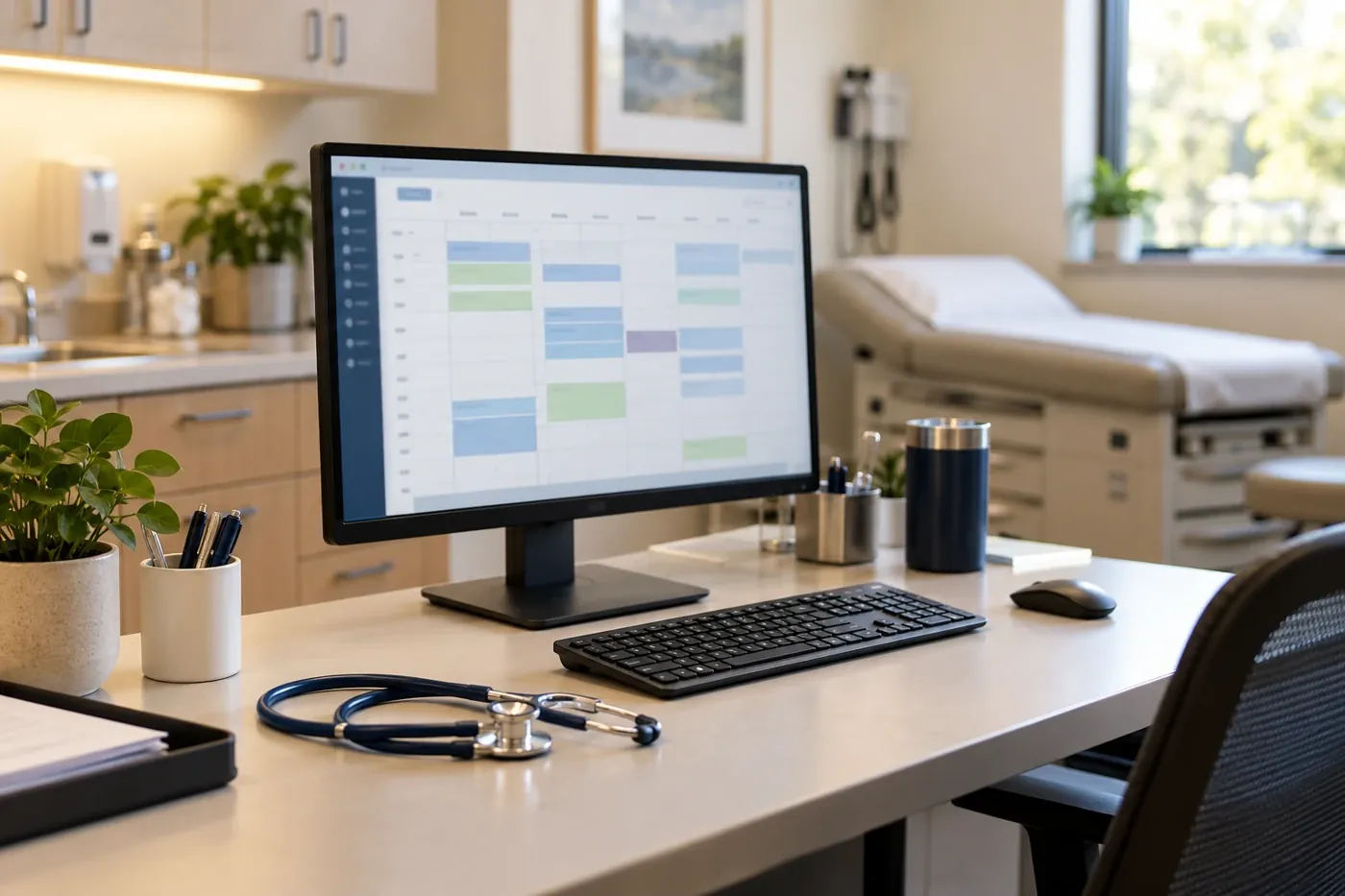 Medical practice workstation with appointment scheduling on screen