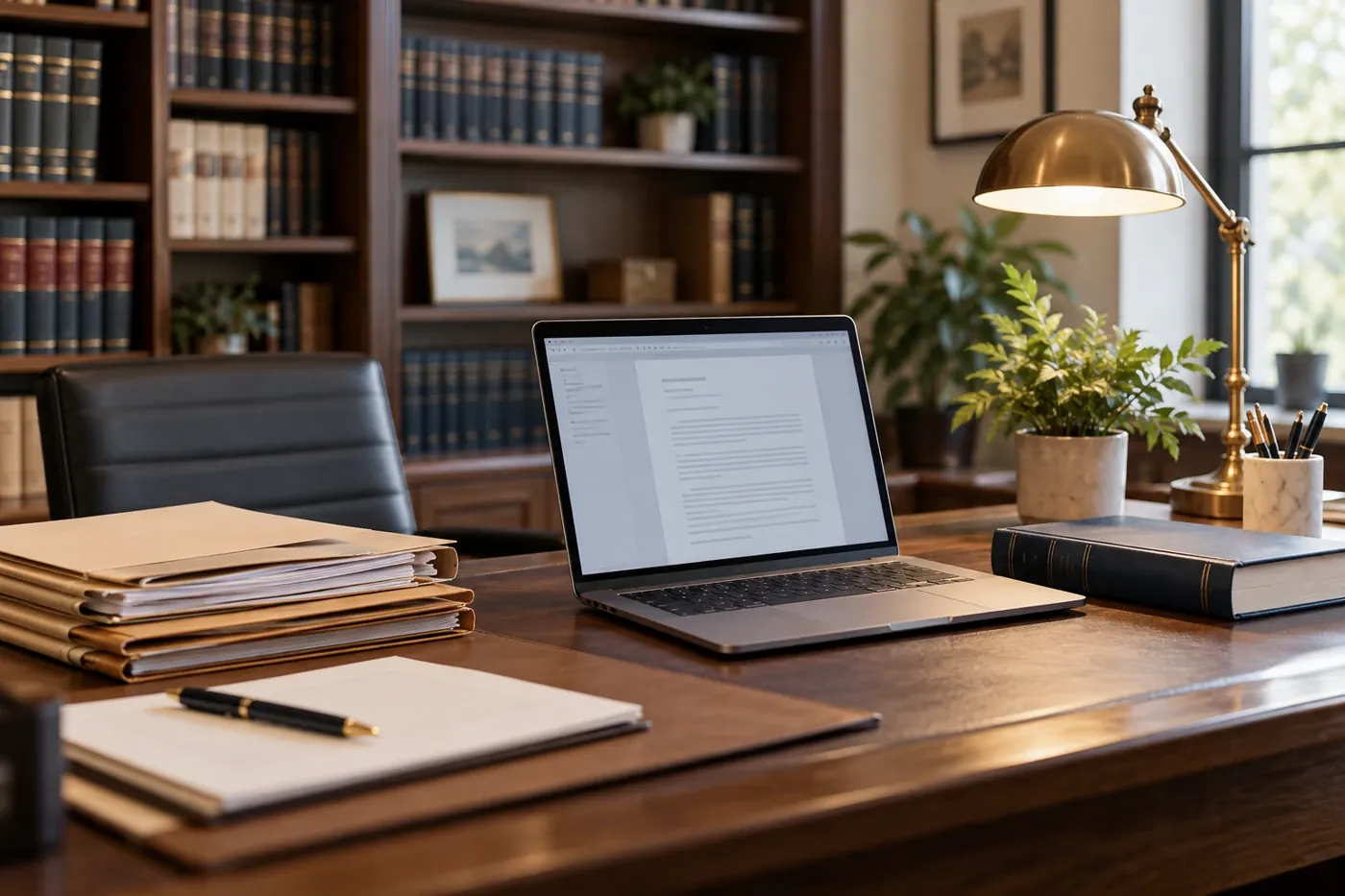 Law office desk with a computer and case files
