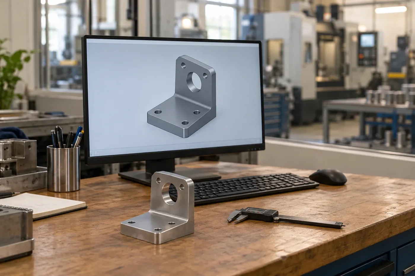 Engineering workstation with a component drawing beside a workshop