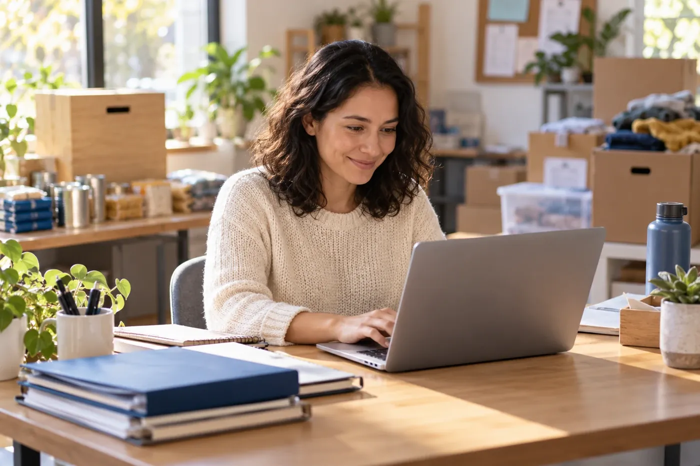 Nonprofit office worker using a laptop beside supplies