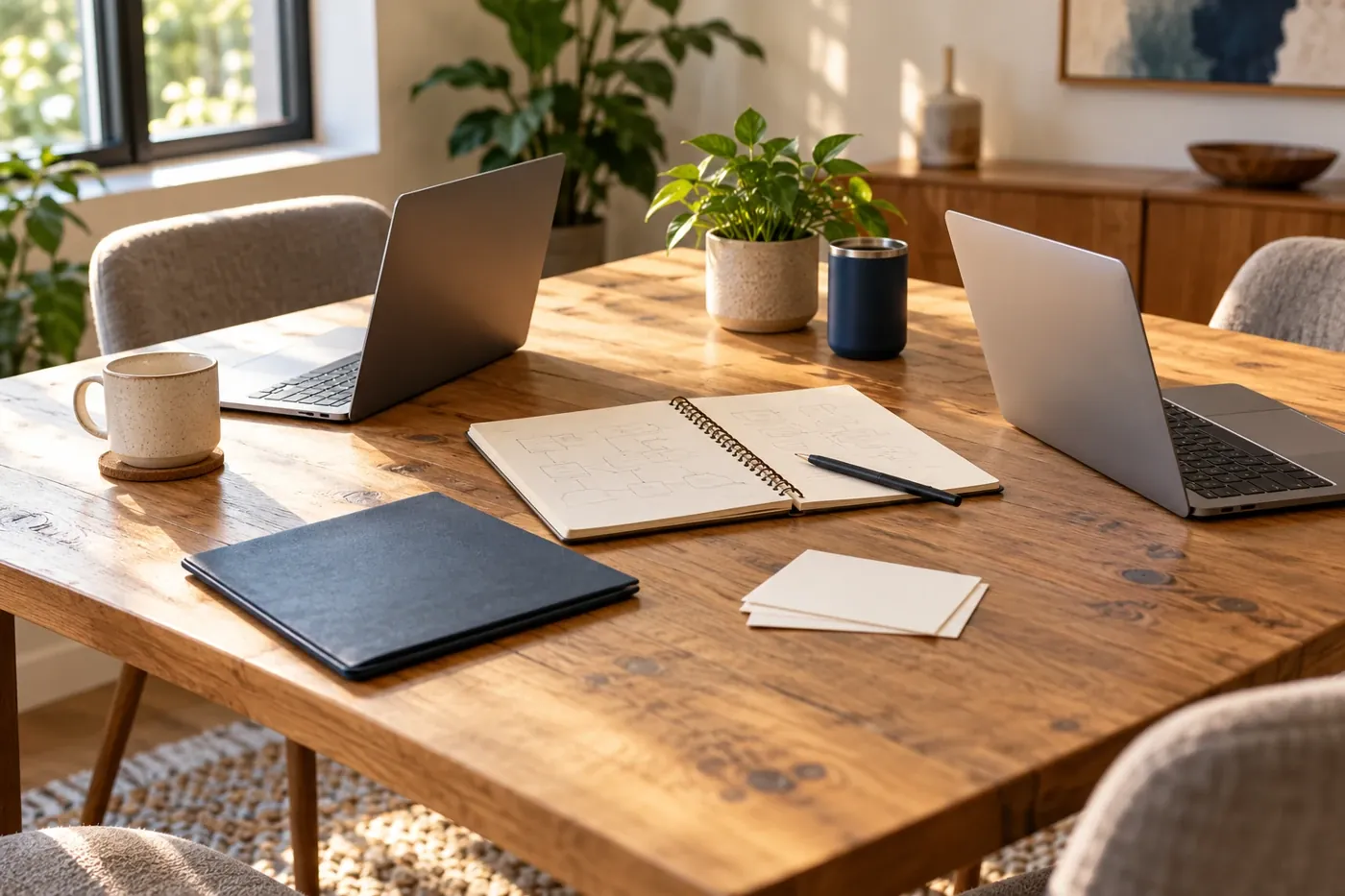 Office meeting table with laptops and planning notes
